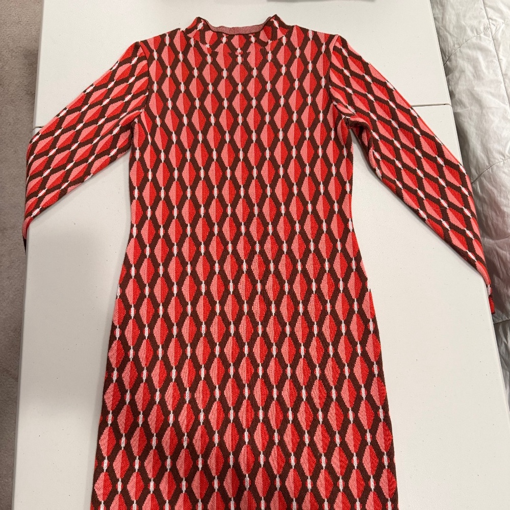 Red/Pink/Brown Retro Mock Neck Sweater Dress - Medium